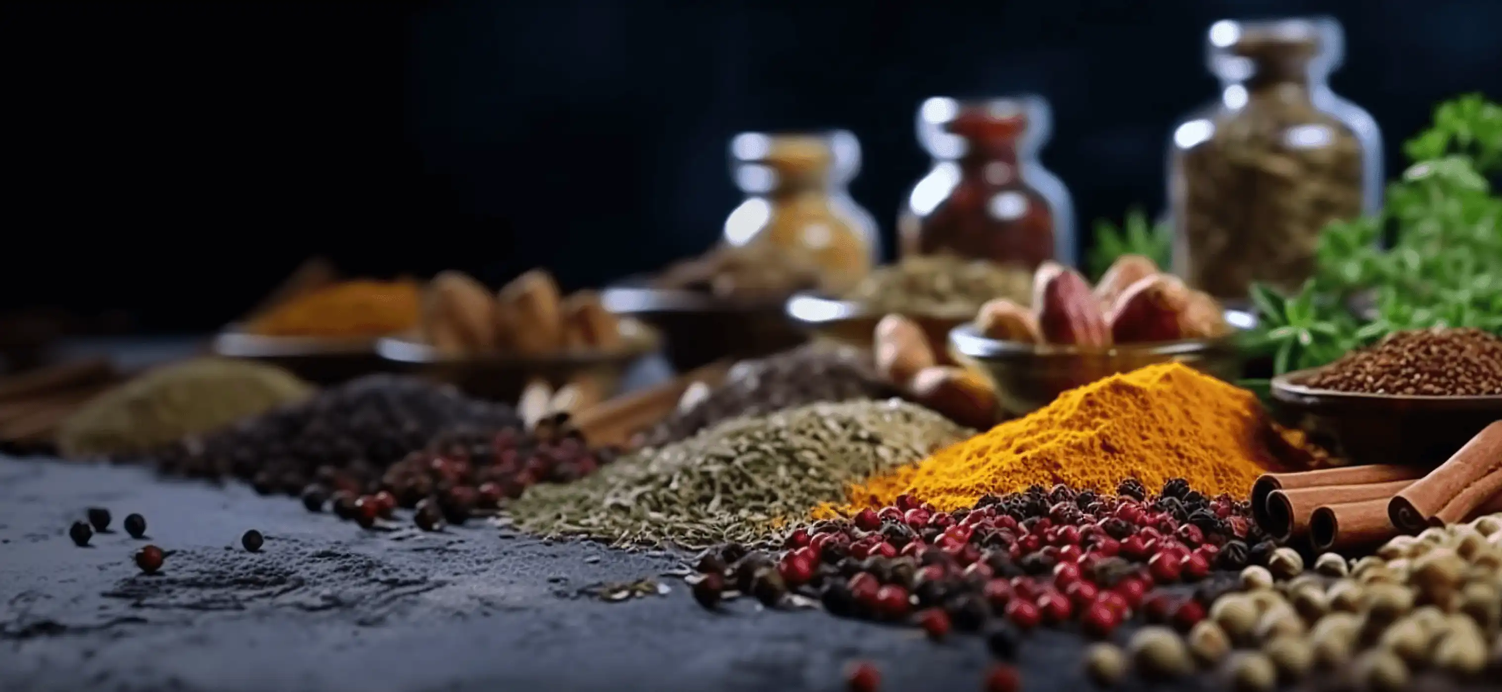 Vibrant spices and herbs including turmeric, pepper and cinnamon displayed on dark surface representing Synthite’s natural ingredients.