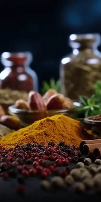 Assorted spices including turmeric ,cinnamon and peppercorns.